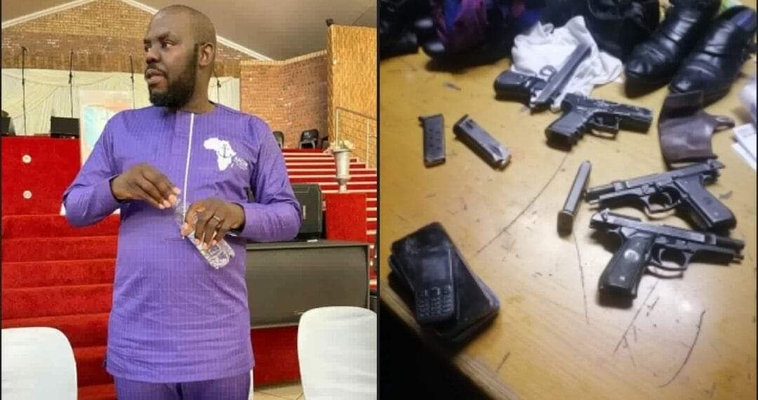 Pastor Benjamin arrested with two cops after found with fake police registration, unlicensed guns and planed to rob cash van